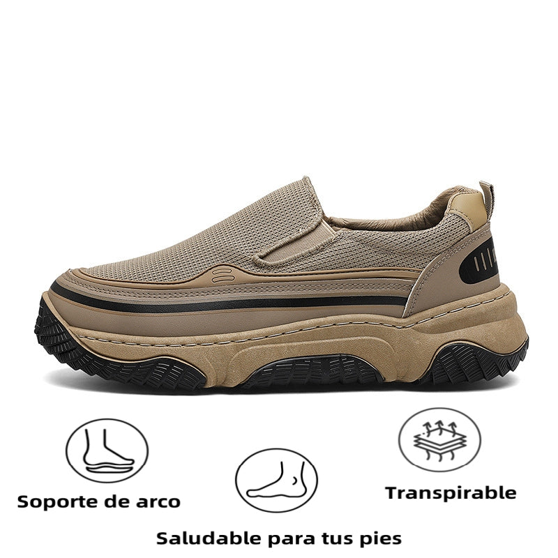 Zapatos casuales de moda versátiles, ligeros, de suela gruesa y malla de cuero suave transpirable