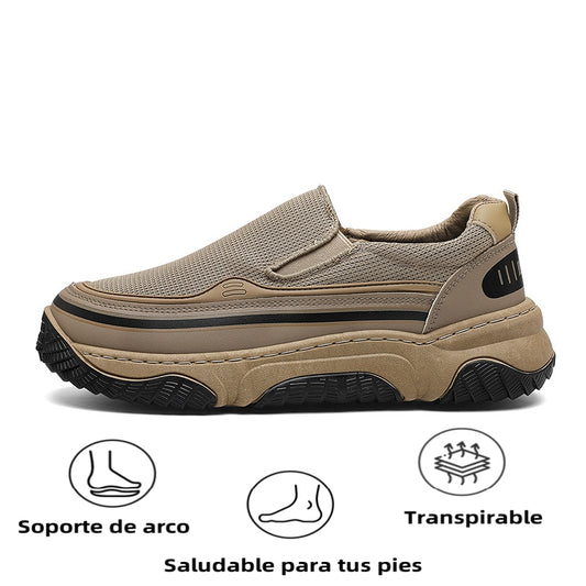 Zapatos casuales de moda versátiles, ligeros, de suela gruesa y malla de cuero suave transpirable