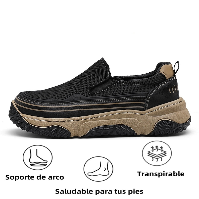 Zapatos casuales de moda versátiles, ligeros, de suela gruesa y malla de cuero suave transpirable